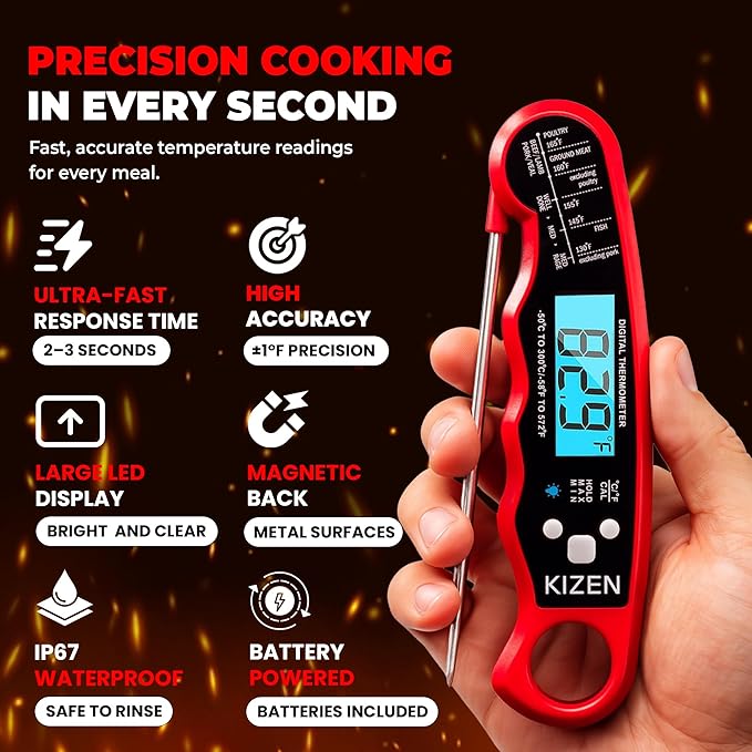 KIZEN Instant Read Meat Thermometer Digital - Food Thermometer for Cooking, Grill, Oven, BBQ - IP67 Rated Waterproof - Large Backlit Display and Magnetic Back