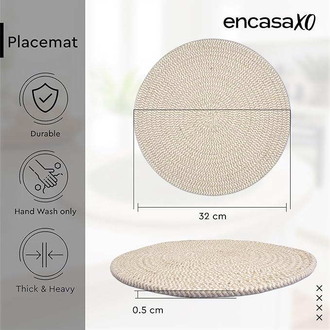 Encasa XO Dining Placemats Set of 4 | Cotton Round Table Mat - 13 in Diameter | Beige & Off White Mix | Handmade Rib Style Chargers for Dinner Plates