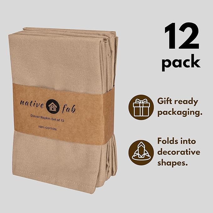 Native Fab Cloth Napkin Set of 12, 100% Cotton, Washable, Reusable Dinner Cloth Napkin 17x17 inches, Table Decor Napkins for Dinner, Events, Beige