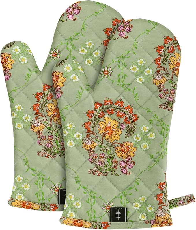 BONTHEE Oven Gloves Extra Long Cotton Cooking Gloves with Non-Slip Striped Baking Gloves for Cooking Baking Grilling - 2PCS