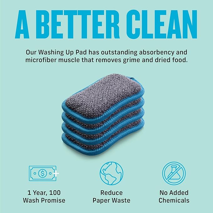 E-Cloth Washing Up Pad, Premium Microfiber Non-Scratch Kitchen Dish Scrubber Sponge, Ideal for Dish, Sink and Countertop Cleaning, 100 Wash Guarantee, Blue, 1 Pack