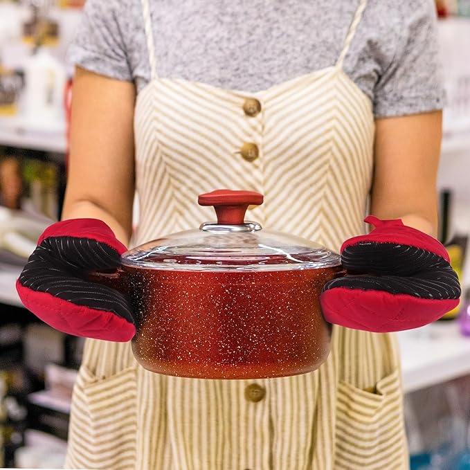 Puppet Mini Oven Mitts Red Cotton Silicone Non-Slip Short Sleeve Soft, Oven Gloves for Women Mum Hot 500℉ Heat Resistant Hand Safe Microwave Air Fryer Kitchen Chef Cooking Baking Cookie Mitt Pair