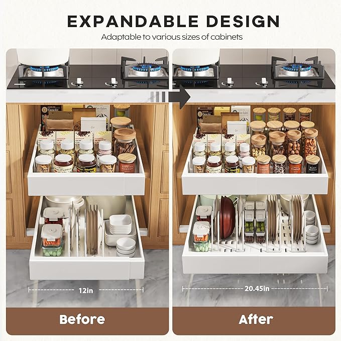 Seinloes 6 Pack Pull Out Cabinet Organizers 21" Deep With Raising Pad for Framed Cabinets, Expandable Slide Out Drawers with 4pcs Divider Racks, Roll Out Shelves, Adjustable Width 12"-20.45" White