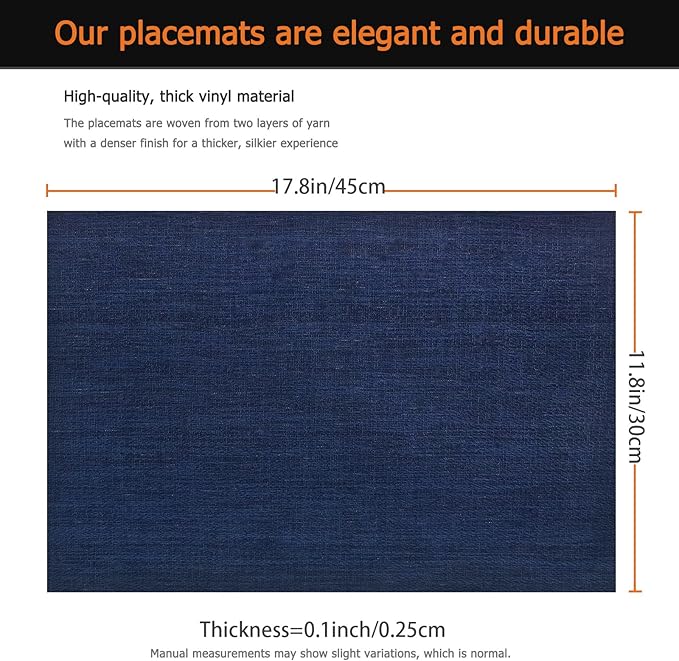 Placemats Set of 6 Washable&Wipeable Place mats for Dining Table Kitchen Indoor Outdoor Table Mats Heat Resistant Non Slip Woven Vinyl Table Placemats (Navy Blue，6PCS)