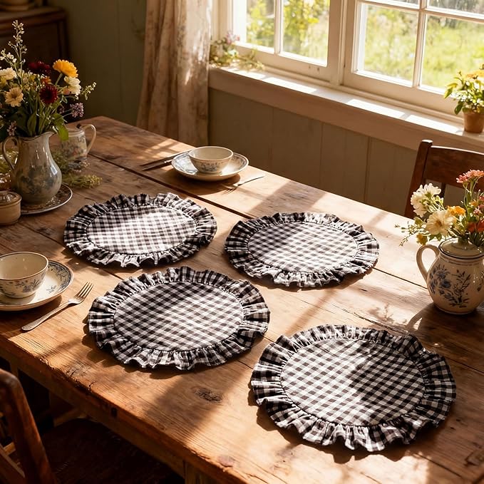 4 Pcs 15 Inch 100% Cotton Scalloped Round Placemats, Thin Brown Gingham Place Mats with Ruffle, Washable Placemats Table Mats for Kitchen Dining Holiday Gatherings Decor
