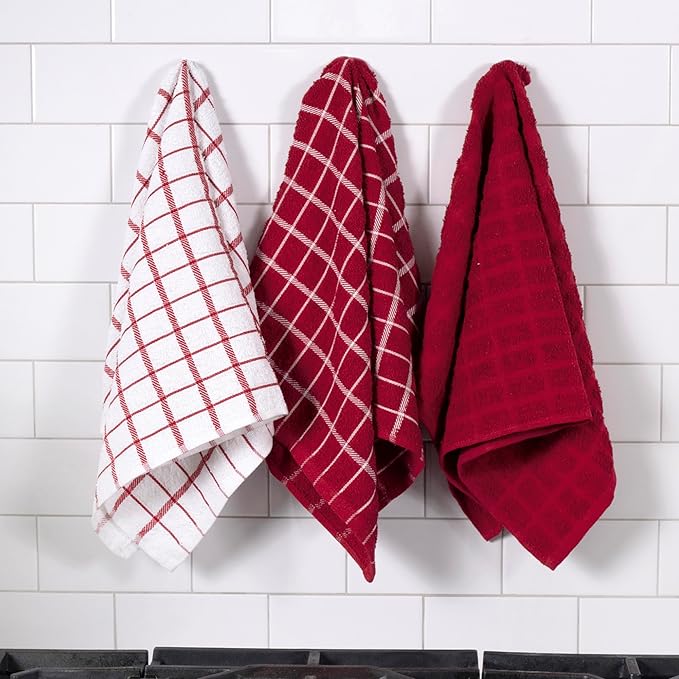 Ritz Premium 100% Cotton Terry Check Kitchen Dish Towels - Highly Absorbent, Super Soft, Long-Lasting, 25"x15", 3-Pack, Paprika Red