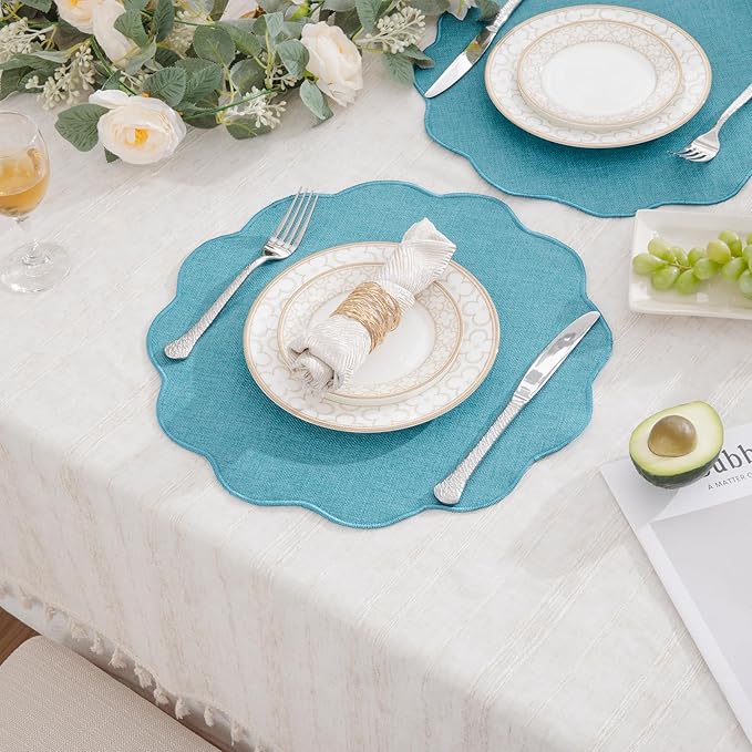 SHACOS Scalloped Round Placemats Set of 6 Polyester Linen Blend 15 inch Washable Non Slip Place Mats Easy Clean Heat Resistant Table Mats for Kitchen Dining Table Decor, Blue Green