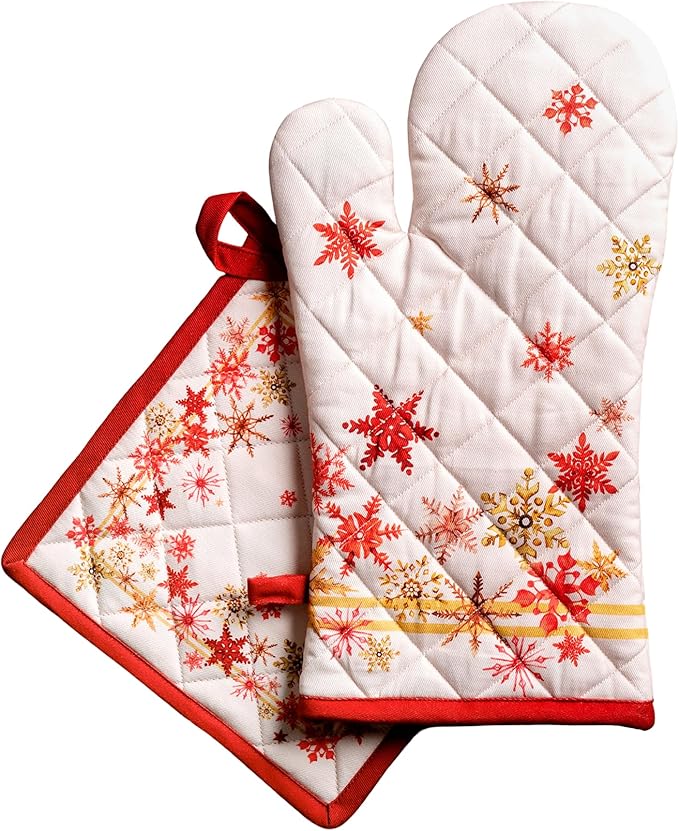 Maison d' Hermine 100% Cotton Oven Mitt & Pot Holder Set (7.5"x13" & 8"x8") Heat Resistant BBQ Cooking Gloves with Loop for Thanksgiving Christmas Decorations Handling Hot Pans (Crystal Star)