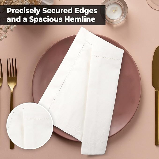 Urban Villa Cloth Napkins Hemstitch Solid Ivory 100% Cotton Absorbent Dinner Napkins (Set of 6) 20x20 Inches Soft Durable Washable Reusable Ideal for Everyday Use Wedding Parties Cloth Dinner Napkins