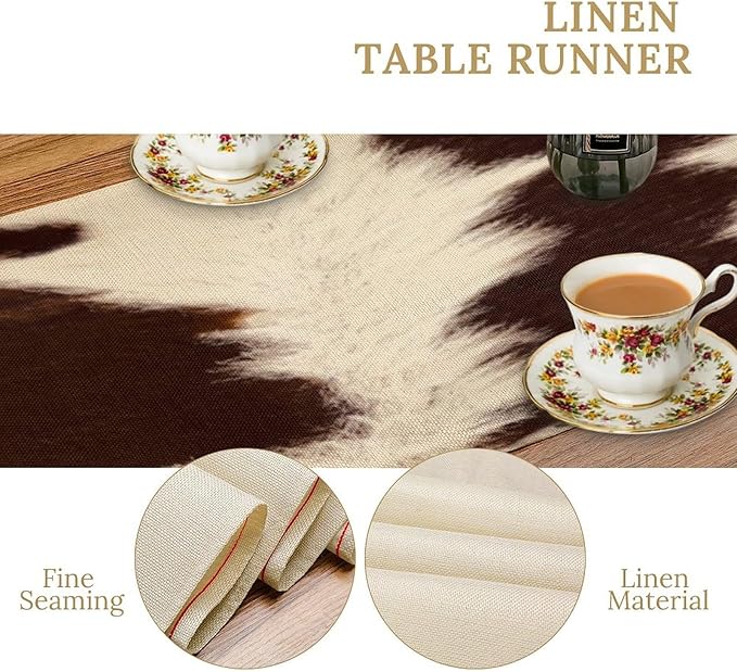 Cow Skin Print Table Runner, Rustic Farmhouse Cottage Animal Fur Skin Western Style Brown Wild 3D Cowhide Print Dinner Runner Table Decoration for Home Kitchen Dining 13"x120"