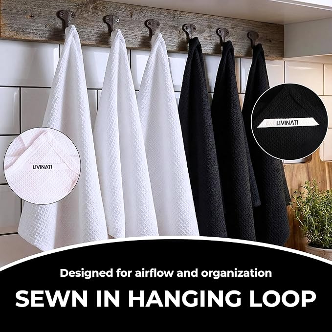 Highly Absorbent Cotton Dish Towels for Drying - Set of 3+3 - Black + White - 18"X28" Lint Free Waffle Weave Cloth Linen Hand Bathroom Bulk Dishtowels