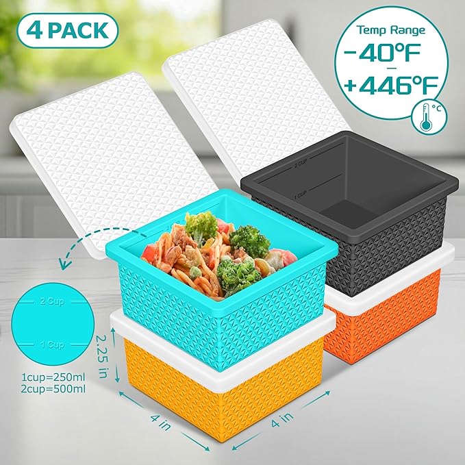 Silicone Freezer Molds for Soup Cube - 2-Cup Freezer Storage Container Tray with Lid,4 Pack Stackable Ice Cube Trays for Portion Control,Food Storage & Meal Prep (Lake Blue+Dark Gray+Orange+Yellow)