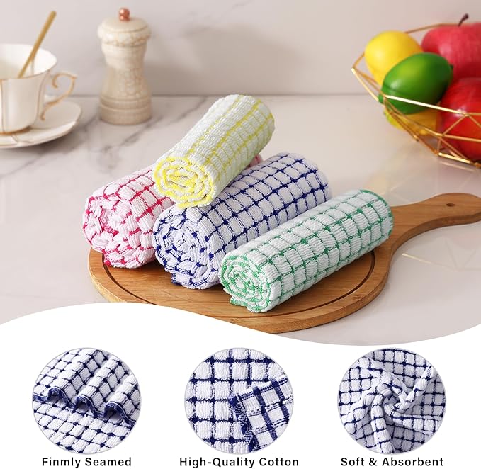 Homaxy Kitchen Towels and Dishcloths Set, 16 x 25 and 12 x 12 Inches, Set of 8 Cotton Terry Kitchen Dish Towels, Super Soft and Absorbent Dish Cloths, Blue/Yellow/Red/Green