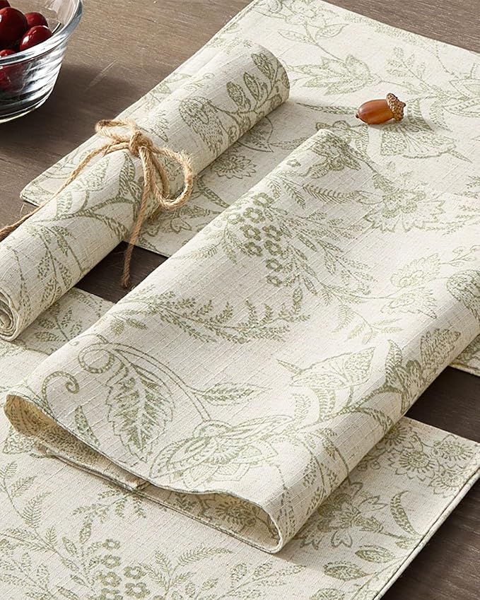 JINCHAN Linen Floral Placemats Set of 4 Cloth Table Mats Rustic Cottagecore Botanical Outdoor Seasonal for Kitchen Dining Table Decor Non-Slip Washable Tablemats 13x19 Inch Green