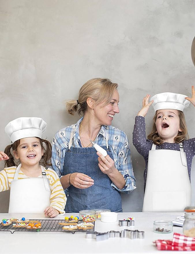 Kids Apron and Chef Hat Set, 30 Pieces Boys Girls Kids Apron with 2 Pockets Adjustable for Cooking Classroom Baking Painting, 6-13 Years, White