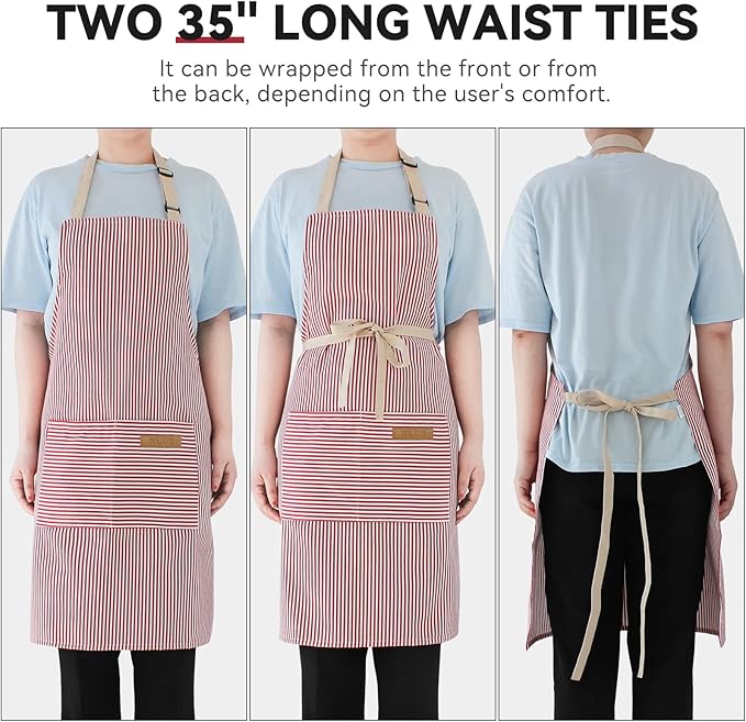 NLUS 2 Pack Cooking Aprons for Women with Pockets, Adjustable Kitchen Bib Aprons Chef Aprons for Women Men(Red Pinstripes)