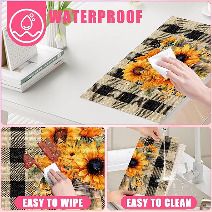 Watercolor Sunflower Placemats Set of 6,12x18 Inch Flower Floral Linen Place Mat Washable Stain Resistant Table Mats for Spring Summer Seasonal Farmhouse Kitchen Party Home Decor
