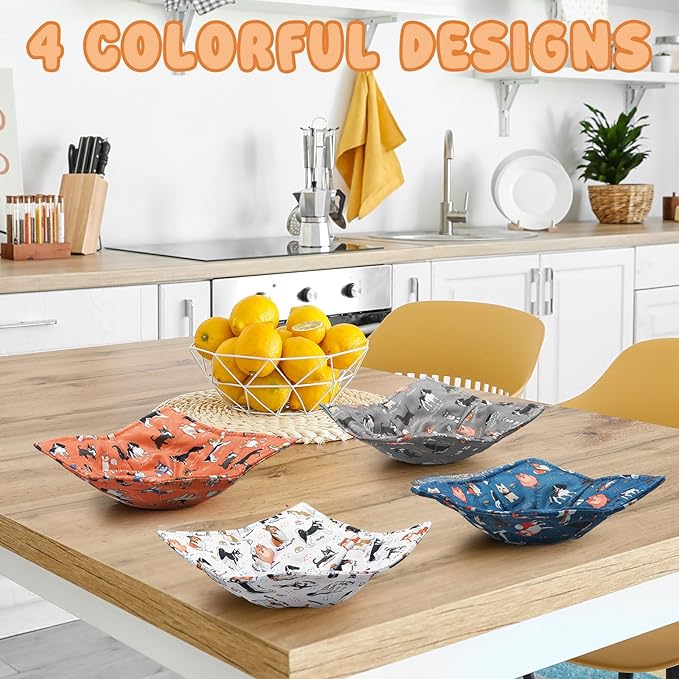 CHENGU 4 Pcs Dog Style Microwave Bowl Cozy Holders for Hot Food Hot Pad Soup Bowl Potholder Heat Resistant Multipurpose Quilted Safe Holder for Kitchen Plate Supply Blue, Orange, Yellow, Gray