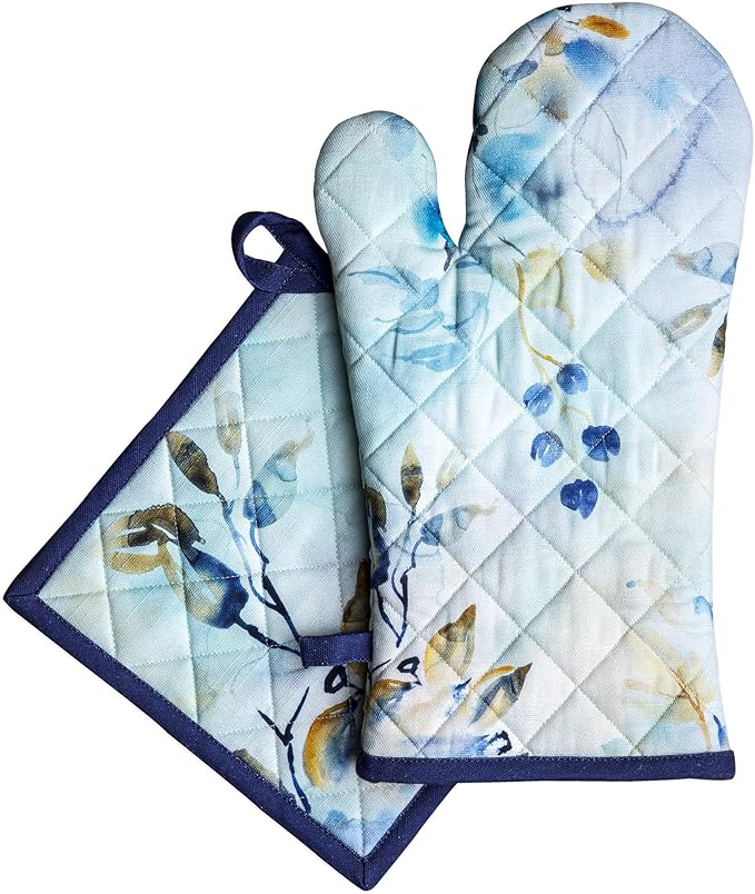 Maison d' Hermine 100% Cotton Oven Mitt & Pot Holder Set (7.5"x13" & 8"x8") Heat Resistant Cooking Gloves with Loop Baking Grilling Kitchen Gifts for Mothers Day Spring/Summer (Lazy Summer Days)
