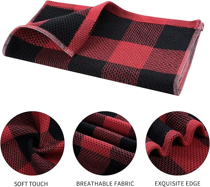 Mordimy 100% Cotton Waffle Weave Kitchen Towels, 13 x 28 Inches, Super Soft and Absorbent Buffalo Check Dish Towels for Drying Dishes, 4-Pack, Black & Red