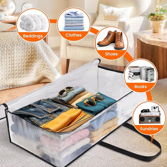 TasticTotes 8 Pack Long Clear Storage Bags for Comforter, Clothes & Bedding, Plastic Blanket Storage with Zipper and Handle, Moving Bags, Closet Organizer and Under-Bed Storage (90L, 39.4"*7.1"*19.7")