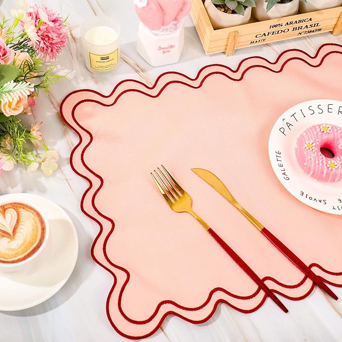 Whaline Vintage Red Pink Linen Placemats Embroidered Scalloped Kitchen Place Mats for Birthday Party Home Dining Table Decor, Set of 6, 13 x 19 in