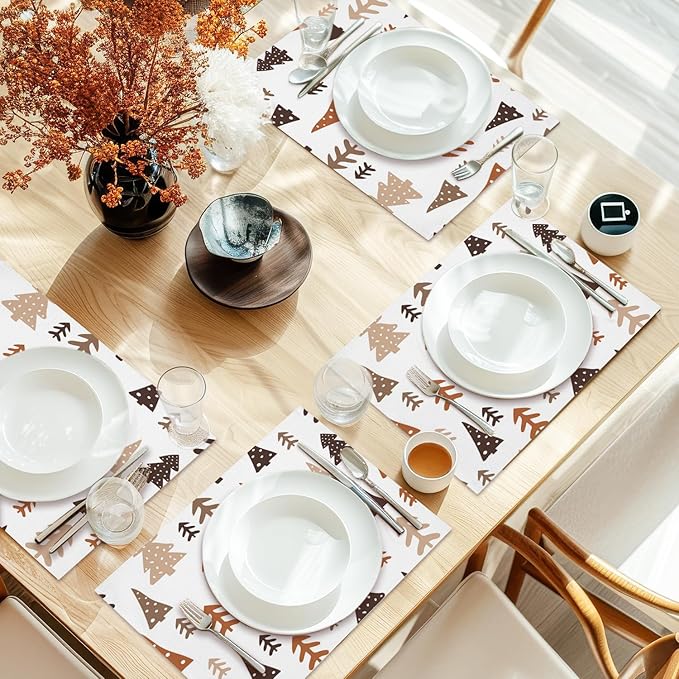 Cotton Linen Waterproof Placemats Set of 4, Christmas Tree Dining Mat Table Mats Decor Fabric for Xmas Dinner Coffee Shop Table, Indoor/Outdoor Washable Wipeable Placemat -N027