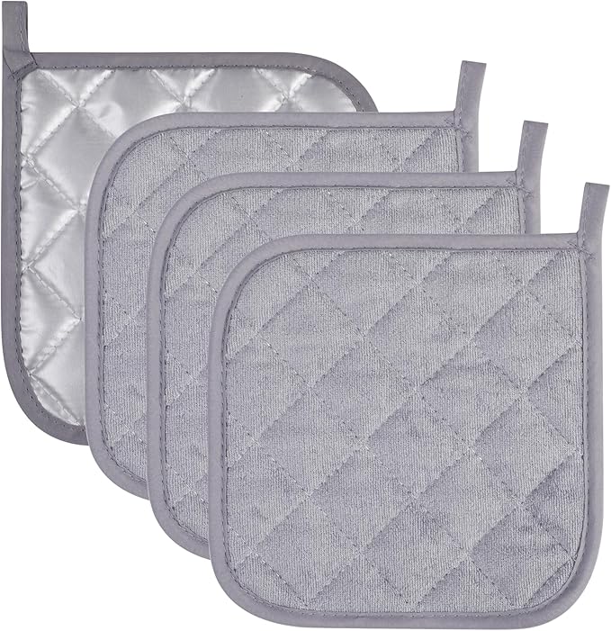 GeeRic 4 Pack Potholders for Kitchen, Heat-Resistant Quilted Cotton Hot Pads, Durable and Machine Washable with Hanging Loop Mat for Cooking, Baking, and Grilling Gray