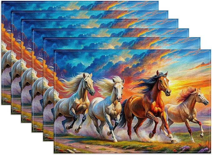 Watercolor Horse Running Placemats Set of 6, Linen Place Mat Washable Stain Resistant Table Mats for Farmhouse Kitchen Dining Holiday Party Wedding Decor 12x18 Inch