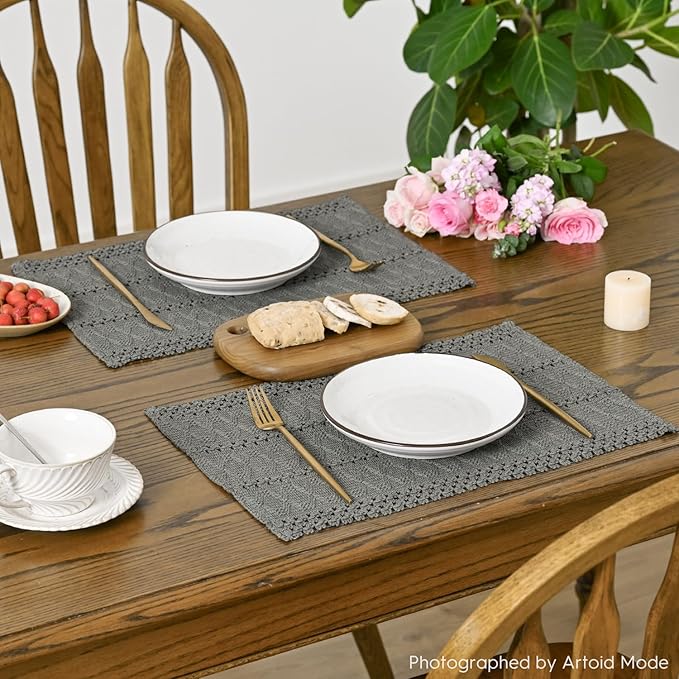 Artoid Mode Dark Grey Farmhouse Woven Rustic Hollow Placemats Set of 4,12x18 Inch Seasonal Holiday Table Mats Party Kitchen Dining Decoration
