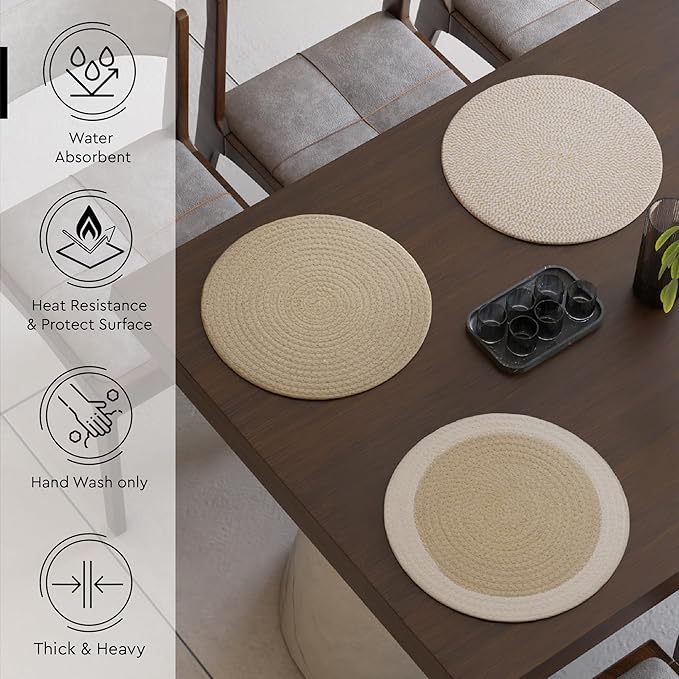 Encasa XO Dining Placemats Set of 6 | Cotton Round Table Mat - 13 in Diameter | Beige Mix Combo | Handmade Rib Style Chargers for Dinner Plates
