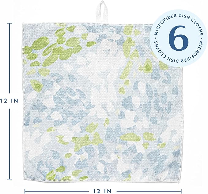 ELYN Microfiber Kitchen Dish Cloth Set, Quick-Dry & Absorbent Waffle Weave Cleaning Towels, Set of 6 Wash Cloths, Paper Towels & Sponge Alternative (Painterly Floral & Grid)