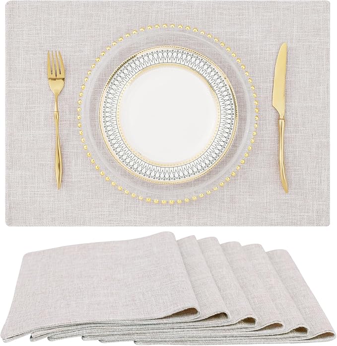 homing Cotton Linen Placemats Set of 6, Cloth Washable Farmhouse Dining Table Mats for Indoors & Outdoors, Easy to Clean, Neutral Beige, 13 x 19 Inch