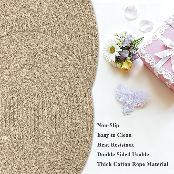 Oval Woven Placemats Set of 6, Boho Cotton Rope Braided Table Mats, 17x13 Inches Non Slip Heat Resistant Place Mats for Dining Room, Thick Hot Pads for Farmhouse Kitchen Table Decor. (Brown)