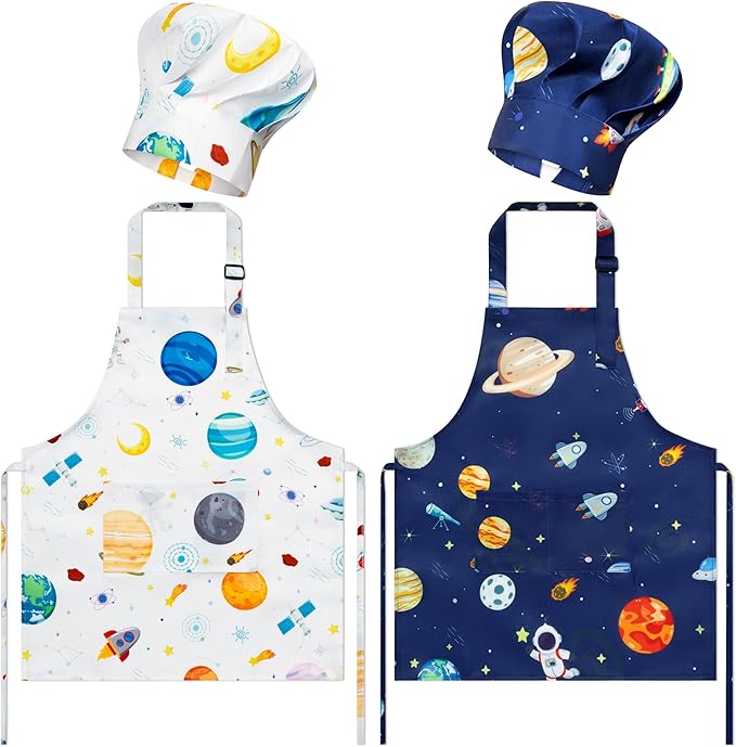 GROBRO7 4Pcs Kids Apron and Chef Hat Set Gift for Girls Boy, Space Theme Pattern Adjustable Kitchen Toddler Aprons with 2 Pockets Waterproof Chef Hats for Baking Cooking Painting Gardening Crafting