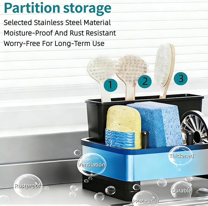 304 Stainless Steel Sink Caddy with Auto-Drain, Rustproof Kitchen Sink Organizer, Sponge Holder with Removable Brush & Towel Rack, Countertop Storage for Soap Dispenser, Kitchen Accessories, Black