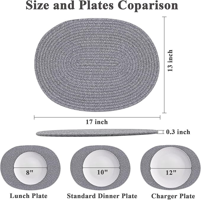 Oval Woven Placemats Set of 6, Boho Cotton Rope Braided Table Mats, 17x13 Inches Non Slip Heat Resistant Place Mats for Dining Room, Thick Hot Pads for Farmhouse Kitchen Table Decor. (Gray)