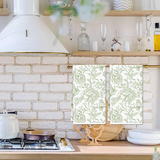 Green Floral Kitchen Towel Flower Birds Dish Towel 18 x 28 Inch Hand Drying Tea Towel for Cooking Baking Party Supplies, 2Pcs