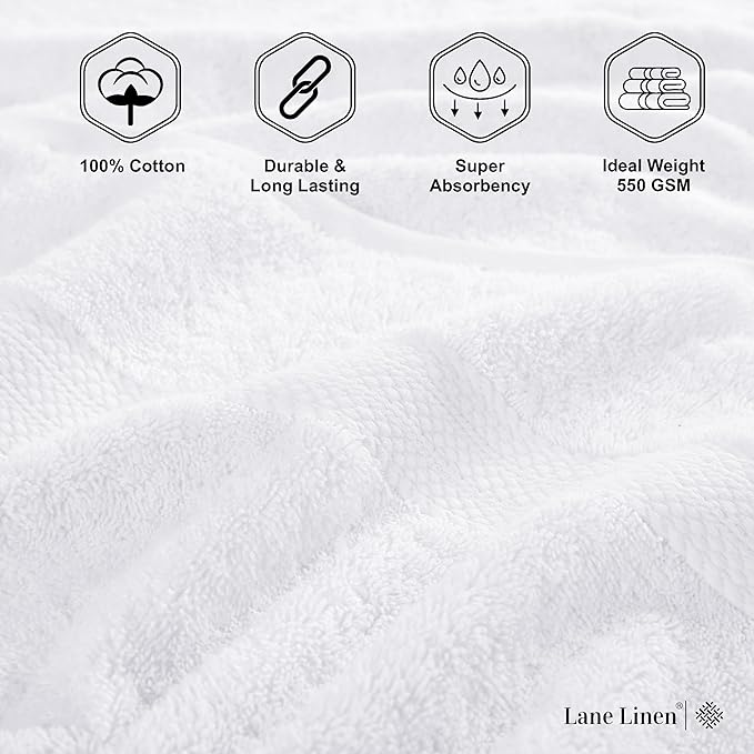 LANE LINEN 100% Cotton Bath Towel Set - 6 Pieces - Super Soft, Highly Absorbent & Quick Dry - 2 Bath, 2 Washcloths, 2 Hand Towels for Bathroom - Hotel Quality, Ideal for Spa, Gym & Travel - White