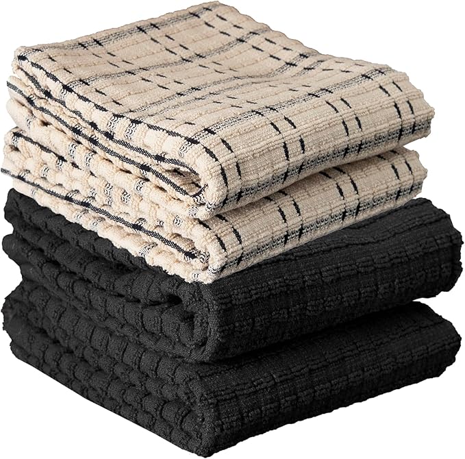 Ritz Royale Collection 100% Combed Terry Cotton, Highly Absorbent, Kitchen Towel Set, 13-3/4" x 12", 4-Pack, Solid & Checked, Black