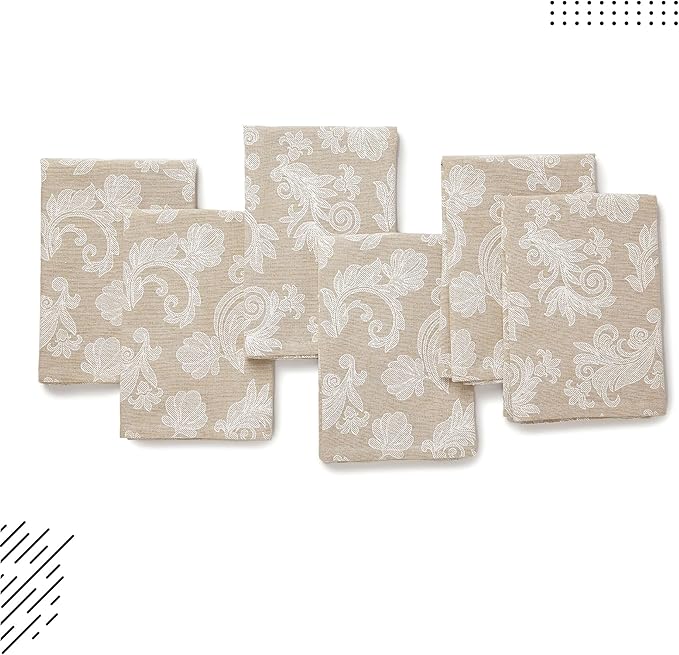 Encasa XO Beige Cloth Napkins Set of 6, 18x18 in | Floral Jacquard Homespun Cotton Dinner Napkins | Washable & Reusable Wedding Napkins for Holiday Dining, Parties, & Everyday Table Décor