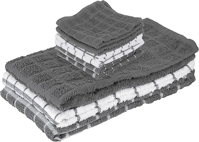 Ritz Premium 3-Pack Kitchen Towel & 6-Pack Dish Cloth Set - Highly Absorbent, Super Soft, Long-Lasting, 100% Cotton Terry Drying Cleaning Cloths, Gray
