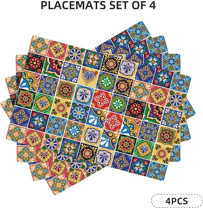 Mexican Talavera Tile Linen Placemats Set of 4, Colorful Place Mats for Dining Table, Heat-Resistant Washable Non-Slip Table Mats, Spring Easter Gifts for Festival Culture Lovers, Kitchen Home Decor