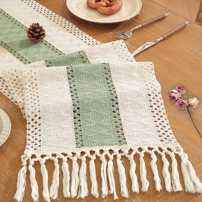 Niviy Sage Green Table Runner 36 Inches Long with Tassels, Seasonal Spring Summer Washable Embroidered Striped Braided Green and Beige Boho Table Runners for Holiday Party 12 x 36 Inches