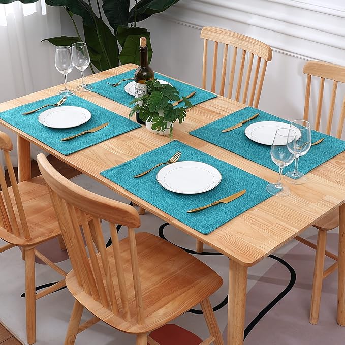 homing Cotton Linen Placemats Set of 4, Cloth Washable Farmhouse Dining Table Mats for Indoors & Outdoors, Easy to Clean, Teal, 13 x 19 Inch
