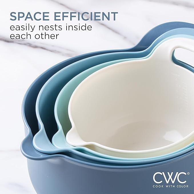 COOK WITH COLOR Nesting Plastic Mixing Bowl Set with Pour Spouts and Handles, Blue, 4 Piece