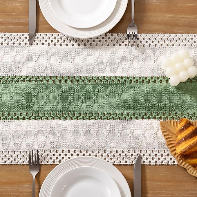 Socomi Boho Table Runner Easter Spring Farmhouse Rustic Dining Kitchen Decor Small Macrame Woven Cotton Linen Coffee Table Runner for Dresser Scarf Home Decor 12x48 inch Sage Green Ivory