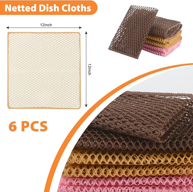 SUNLAND Netted Dish Cloths for Washing Dishes No Odor Dishes Scrubber for Kitchen-Fast Drying and Easy to Clean Mesh Dish Cloth 6 Pack 12Inch x12Inch (Rose Pink+Yellow+Brown)