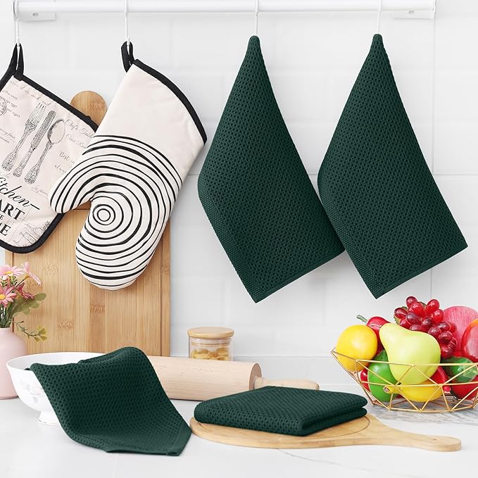 Homaxy 100% Cotton Waffle Weave Kitchen Dish Cloths, 4-Pack Ultra Soft Absorbent Dish Towels, Quick Drying Dish Rags, 12 x 12 Inches, Blackish Green