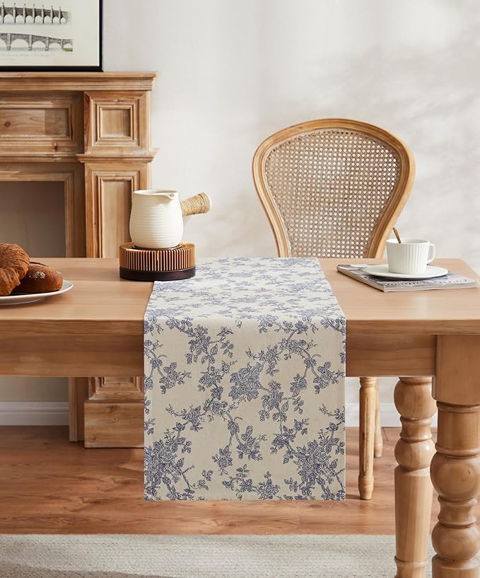 100% Cotton French Pastoral Table Runners, 13x72 Inch Blue Farmhouse Table Runners 72 Inches Long, Vintage Flowers Print Home Decors